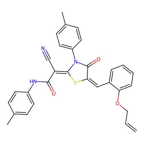 (2Z)-2-cyano-N-(4-methylphenyl)-2-[(5E)-3-(4-methylphenyl)-4-oxo-5-[(2-prop-2-enoxyphenyl)methylidene]-1,3-thiazolidin-2-ylidene]acetamide structure
