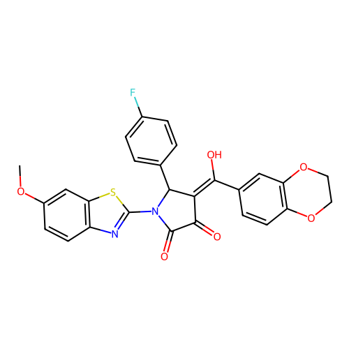 (4E)-4-[2,3-dihydro-1,4-benzodioxin-6-yl(hydroxy)methylidene]-5-(4-fluorophenyl)-1-(6-methoxy-1,3-benzothiazol-2-yl)pyrrolidine-2,3-dione structure