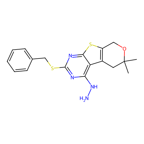 2-(benzylsulfanyl)-4-hydrazinyl-6,6-dimethyl-5,8-dihydro-6H-pyrano[4',3':4,5]thieno[2,3-d]pyrimidine structure