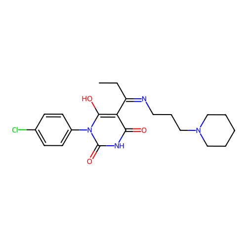 (E)-1-(4-chlorophenyl)-5-(1-((3-(piperidin-1-yl)propyl)amino)propylidene)pyrimidine-2,4,6(1H,3H,5H)-trione structure
