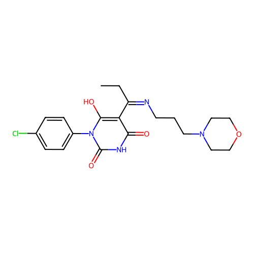 (E)-1-(4-chlorophenyl)-5-(1-((3-morpholinopropyl)amino)propylidene)pyrimidine-2,4,6(1H,3H,5H)-trione structure