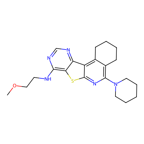 N-(2-methoxyethyl)-5-(piperidin-1-yl)-1,2,3,4-tetrahydropyrimido[4',5':4,5]thieno[2,3-c]isoquinolin-8-amine structure