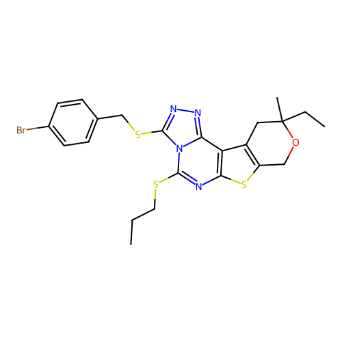 3-((4-bromobenzyl)thio)-10-ethyl-10-methyl-5-(propylthio)-10,11-dihydro-8H-pyrano[4',3':4,5]thieno[3,2-e][1,2,4]triazolo[4,3-c]pyrimidine structure