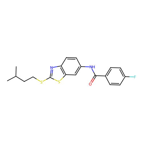 4-fluoro-N-{2-[(3-methylbutyl)sulfanyl]-1,3-benzothiazol-6-yl}benzamide structure