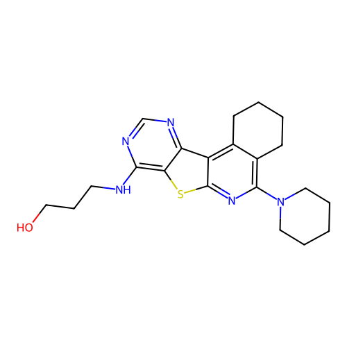 3-((5-(piperidin-1-yl)-1,2,3,4-tetrahydropyrimido[4',5':4,5]thieno[2,3-c]isoquinolin-8-yl)amino)propan-1-ol structure