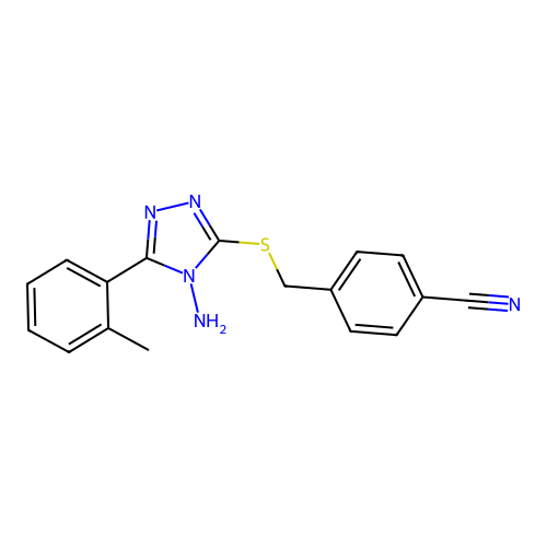 4-(((4-amino-5-(o-tolyl)-4H-1,2,4-triazol-3-yl)thio)methyl)benzonitrile structure