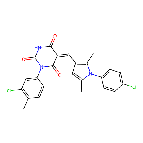 (5Z)-1-(3-chloro-4-methylphenyl)-5-[[1-(4-chlorophenyl)-2,5-dimethylpyrrol-3-yl]methylidene]-1,3-diazinane-2,4,6-trione structure