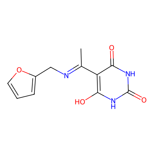 (5Z)-5-{1-[(furan-2-ylmethyl)amino]ethylidene}-2,6-dihydroxypyrimidin-4(5H)-one structure