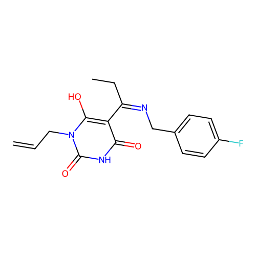 5-[1-[(4-fluorophenyl)methylamino]propylidene]-1-prop-2-enyl-1,3-diazinane-2,4,6-trione structure