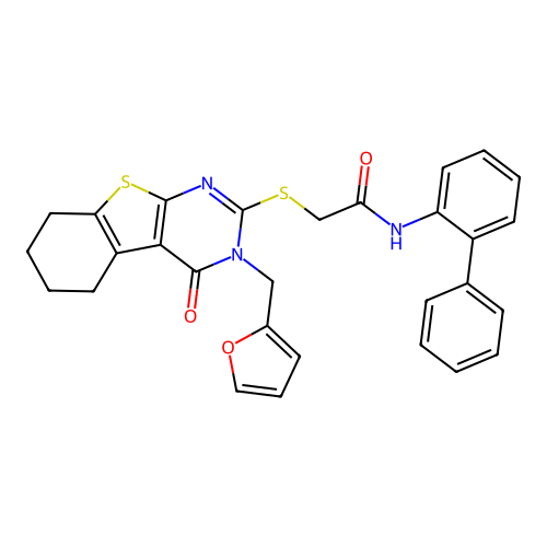 2-[[3-(furan-2-ylmethyl)-4-oxo-5,6,7,8-tetrahydro-[1]benzothiolo[2,3-d]pyrimidin-2-yl]sulfanyl]-N-(2-phenylphenyl)acetamide structure