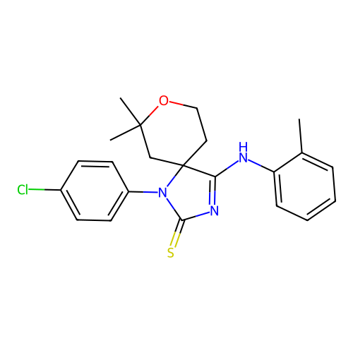 (4Z)-1-(4-chlorophenyl)-7,7-dimethyl-4-[(2-methylphenyl)imino]-8-oxa-1,3-diazaspiro[4.5]dec-2-ene-2-thiol structure
