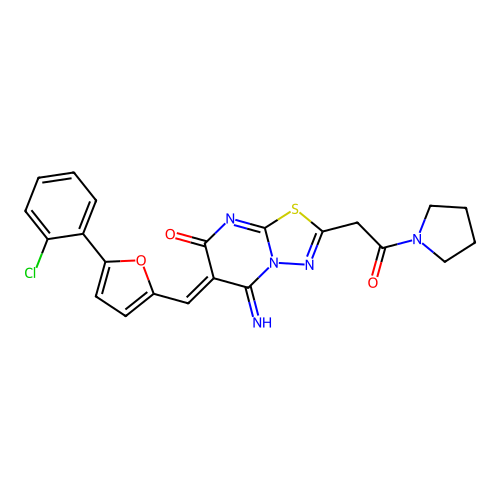 (6Z)-6-[[5-(2-chlorophenyl)furan-2-yl]methylidene]-5-imino-2-(2-oxo-2-pyrrolidin-1-ylethyl)-[1,3,4]thiadiazolo[3,2-a]pyrimidin-7-one structure