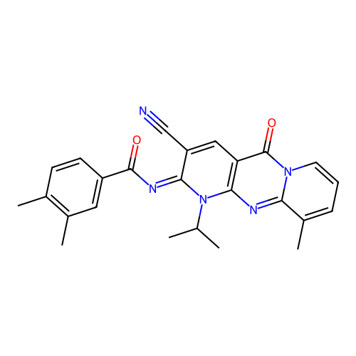 (E)-N-(3-cyano-1-isopropyl-10-methyl-5-oxo-1H-dipyrido[1,2-a:2',3'-d]pyrimidin-2(5H)-ylidene)-3,4-dimethylbenzamide structure