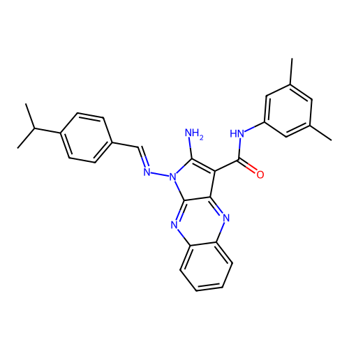 (E)-2-amino-N-(3,5-dimethylphenyl)-1-((4-isopropylbenzylidene)amino)-1H-pyrrolo[2,3-b]quinoxaline-3-carboxamide structure