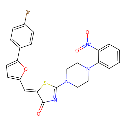 (5Z)-5-[[5-(4-bromophenyl)furan-2-yl]methylidene]-2-[4-(2-nitrophenyl)piperazin-1-yl]-1,3-thiazol-4-one structure