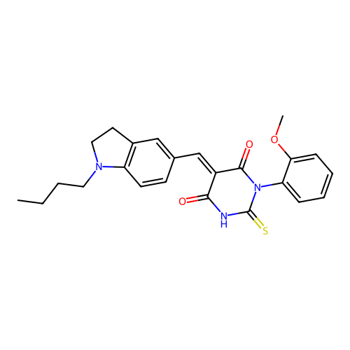 (5E)-5-[(1-butyl-2,3-dihydro-1H-indol-5-yl)methylidene]-1-(2-methoxyphenyl)-2-sulfanylpyrimidine-4,6(1H,5H)-dione structure