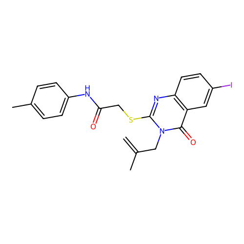 2-((6-iodo-3-(2-methylallyl)-4-oxo-3,4-dihydroquinazolin-2-yl)thio)-N-(p-tolyl)acetamide structure