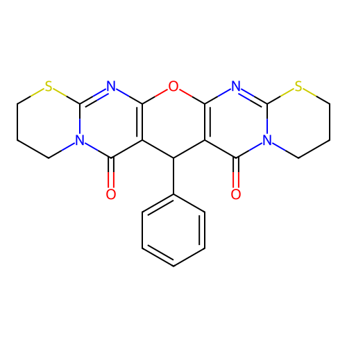 7-phenyl-3,4,11,12-tetrahydro-2H,6H,7H,8H,10H-[1,3]thiazino[3''',2''':1'',2'']pyrimido[5'',4'':5',6']pyrano[2',3':4,5]pyrimido[2,1-b][1,3]thiazine-6,8-dione (non-preferred name) structure