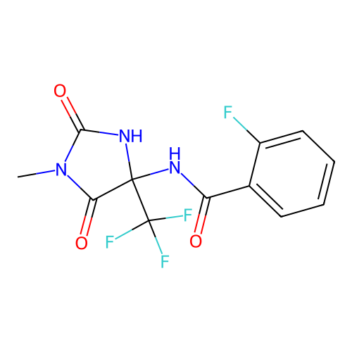 2-fluoro-N-[1-methyl-2,5-dioxo-4-(trifluoromethyl)imidazolidin-4-yl]benzamide structure