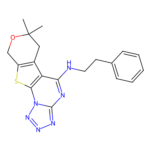7,7-dimethyl-N-(2-phenylethyl)-6,9-dihydro-7H-pyrano[4',3':4,5]thieno[3,2-e]tetrazolo[1,5-a]pyrimidin-5-amine structure