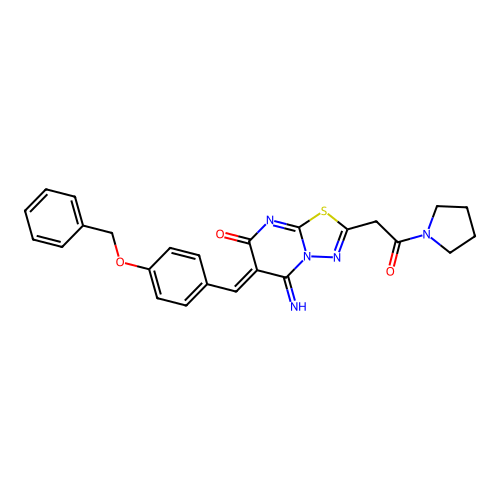 (6Z)-5-imino-2-(2-oxo-2-pyrrolidin-1-ylethyl)-6-[(4-phenylmethoxyphenyl)methylidene]-[1,3,4]thiadiazolo[3,2-a]pyrimidin-7-one structure