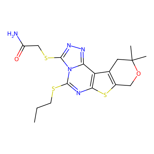 2-{[10,10-dimethyl-5-(propylsulfanyl)-10,11-dihydro-8H-pyrano[4',3':4,5]thieno[3,2-e][1,2,4]triazolo[4,3-c]pyrimidin-3-yl]sulfanyl}acetamide structure