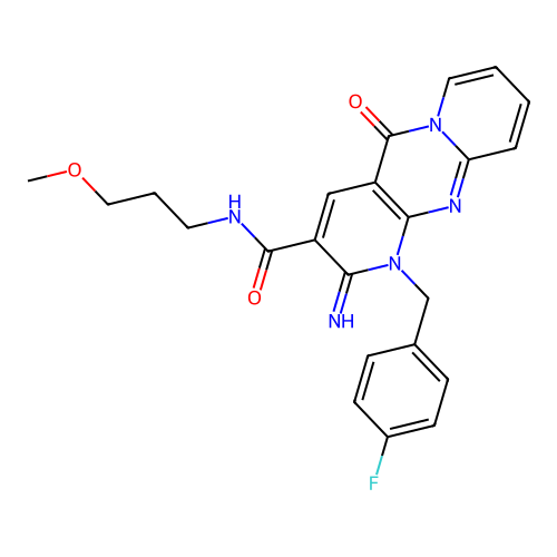 1-(4-fluorobenzyl)-2-imino-N-(3-methoxypropyl)-5-oxo-1,5-dihydro-2H-dipyrido[1,2-a:2',3'-d]pyrimidine-3-carboxamide structure