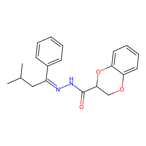 (Z)-N'-(3-methyl-1-phenylbutylidene)-2,3-dihydrobenzo[b][1,4]dioxine-2-carbohydrazide structure