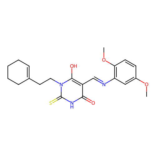 (Z)-1-(2-(cyclohex-1-en-1-yl)ethyl)-5-(((2,5-dimethoxyphenyl)amino)methylene)-2-thioxodihydropyrimidine-4,6(1H,5H)-dione structure