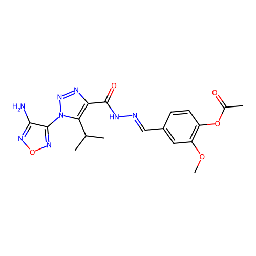 (E)-4-((2-(1-(4-amino-1,2,5-oxadiazol-3-yl)-5-isopropyl-1H-1,2,3-triazole-4-carbonyl)hydrazono)methyl)-2-methoxyphenyl acetate structure