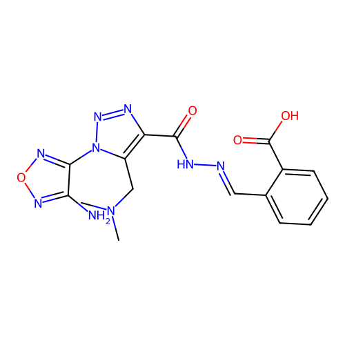 (E)-2-((2-(1-(4-amino-1,2,5-oxadiazol-3-yl)-5-((dimethylamino)methyl)-1H-1,2,3-triazole-4-carbonyl)hydrazono)methyl)benzoic acid structure