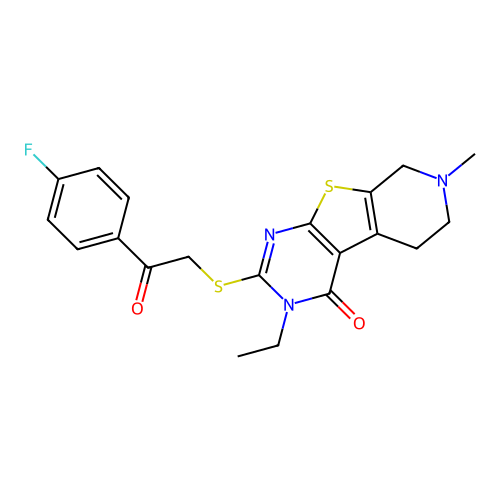 3-ethyl-2-((2-(4-fluorophenyl)-2-oxoethyl)thio)-7-methyl-5,6,7,8-tetrahydropyrido[4',3':4,5]thieno[2,3-d]pyrimidin-4(3H)-one structure