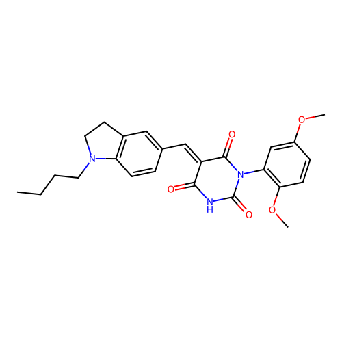 (5E)-5-[(1-butyl-2,3-dihydro-1H-indol-5-yl)methylidene]-3-(2,5-dimethoxyphenyl)-6-hydroxypyrimidine-2,4(3H,5H)-dione structure