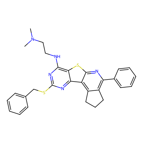 N'-[9-(benzylsulfanyl)-4-phenyl-2,3-dihydro-1H-cyclopenta[4',5']pyrido[3',2':4,5]thieno[3,2-d]pyrimidin-7-yl]-N,N-dimethylethane-1,2-diamine structure