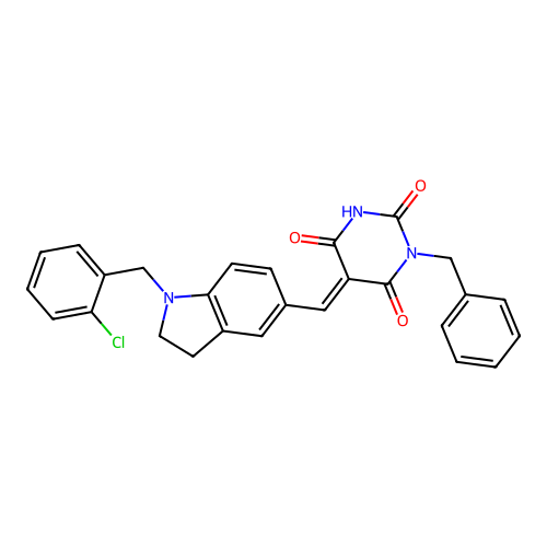 (5E)-1-benzyl-5-[[1-[(2-chlorophenyl)methyl]-2,3-dihydroindol-5-yl]methylidene]-1,3-diazinane-2,4,6-trione structure