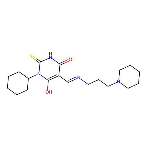 (5E)-1-cyclohexyl-5-[(3-piperidin-1-ylpropylamino)methylidene]-2-sulfanylidene-1,3-diazinane-4,6-dione structure