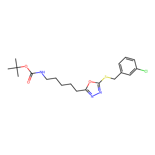 tert-butyl (5-(5-((3-chlorobenzyl)thio)-1,3,4-oxadiazol-2-yl)pentyl)carbamate structure