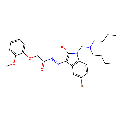 (Z)-N'-(5-bromo-1-((dibutylamino)methyl)-2-oxoindolin-3-ylidene)-2-(2-methoxyphenoxy)acetohydrazide structure