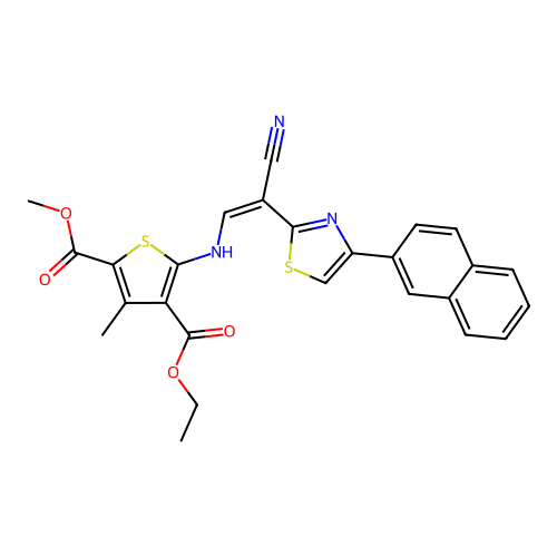 (Z)-4-ethyl 2-methyl 5-((2-cyano-2-(4-(naphthalen-2-yl)thiazol-2-yl)vinyl)amino)-3-methylthiophene-2,4-dicarboxylate structure