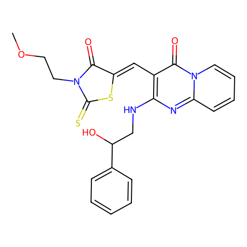 2-[(2-hydroxy-2-phenylethyl)amino]-3-{(Z)-[3-(2-methoxyethyl)-4-oxo-2-thioxo-1,3-thiazolidin-5-ylidene]methyl}-4H-pyrido[1,2-a]pyrimidin-4-one structure