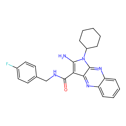 2-amino-1-cyclohexyl-N-(4-fluorobenzyl)-1H-pyrrolo[2,3-b]quinoxaline-3-carboxamide structure