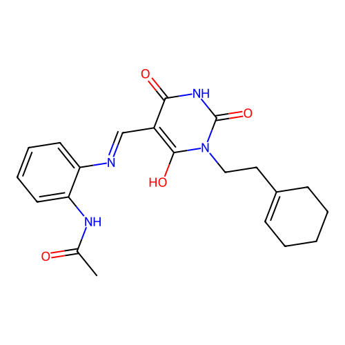 N-(2-{[(Z)-{1-[2-(cyclohex-1-en-1-yl)ethyl]-2,4,6-trioxotetrahydropyrimidin-5(2H)-ylidene}methyl]amino}phenyl)acetamide structure