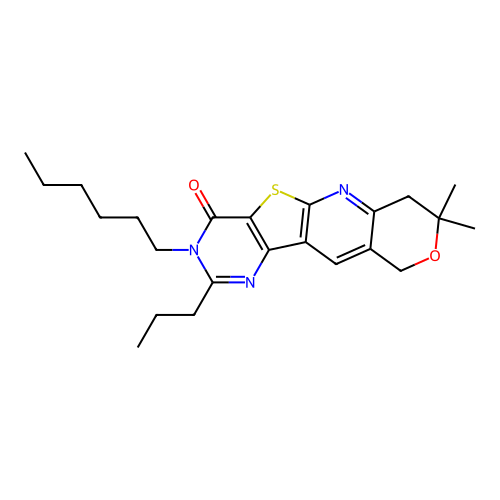 3-hexyl-8,8-dimethyl-2-propyl-7,10-dihydro-8H-pyrano[3'',4'':5',6']pyrido[3',2':4,5]thieno[3,2-d]pyrimidin-4(3H)-one structure
