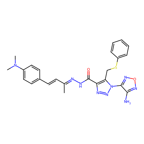(E)-1-(4-amino-1,2,5-oxadiazol-3-yl)-N'-((E)-4-(4-(dimethylamino)phenyl)but-3-en-2-ylidene)-5-((phenylthio)methyl)-1H-1,2,3-triazole-4-carbohydrazide structure