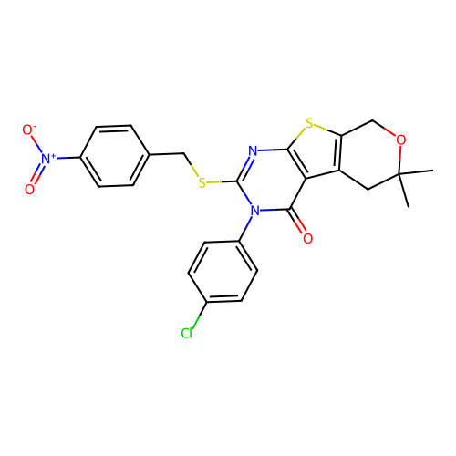 3-(4-chlorophenyl)-6,6-dimethyl-2-((4-nitrobenzyl)thio)-5,6-dihydro-3H-pyrano[4',3':4,5]thieno[2,3-d]pyrimidin-4(8H)-one structure