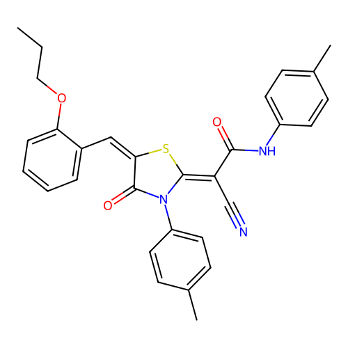 (2Z)-2-cyano-N-(4-methylphenyl)-2-[(5E)-3-(4-methylphenyl)-4-oxo-5-(2-propoxybenzylidene)-1,3-thiazolidin-2-ylidene]ethanamide structure