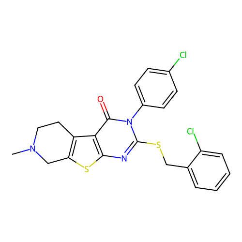 2-((2-chlorobenzyl)thio)-3-(4-chlorophenyl)-7-methyl-5,6,7,8-tetrahydropyrido[4',3':4,5]thieno[2,3-d]pyrimidin-4(3H)-one structure