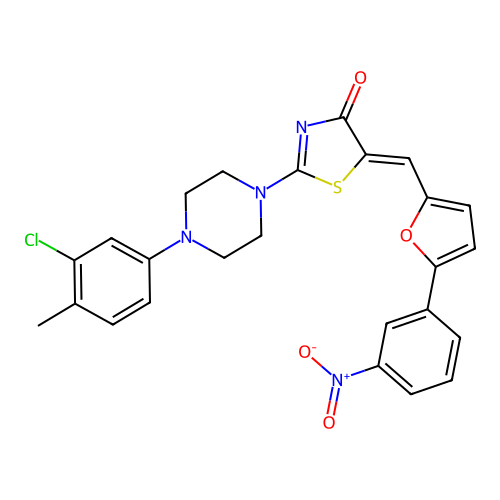 (5Z)-2-[4-(3-chloro-4-methylphenyl)piperazin-1-yl]-5-[[5-(3-nitrophenyl)furan-2-yl]methylidene]-1,3-thiazol-4-one structure