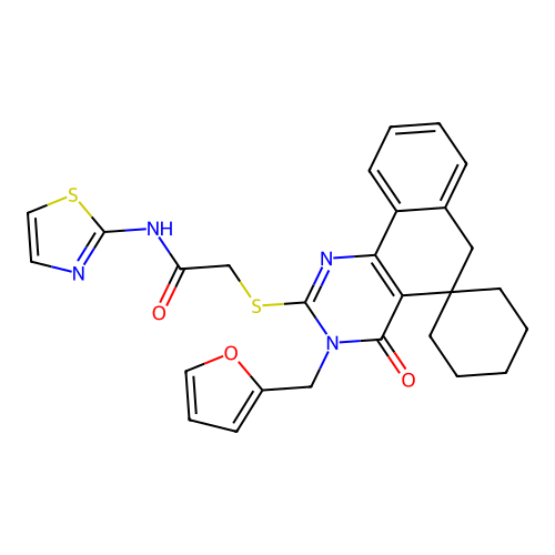 2-((3-(furan-2-ylmethyl)-4-oxo-4,6-dihydro-3H-spiro[benzo[h]quinazoline-5,1'-cyclohexan]-2-yl)thio)-N-(thiazol-2-yl)acetamide structure