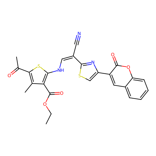 (Z)-ethyl 5-acetyl-2-((2-cyano-2-(4-(2-oxo-2H-chromen-3-yl)thiazol-2-yl)vinyl)amino)-4-methylthiophene-3-carboxylate structure